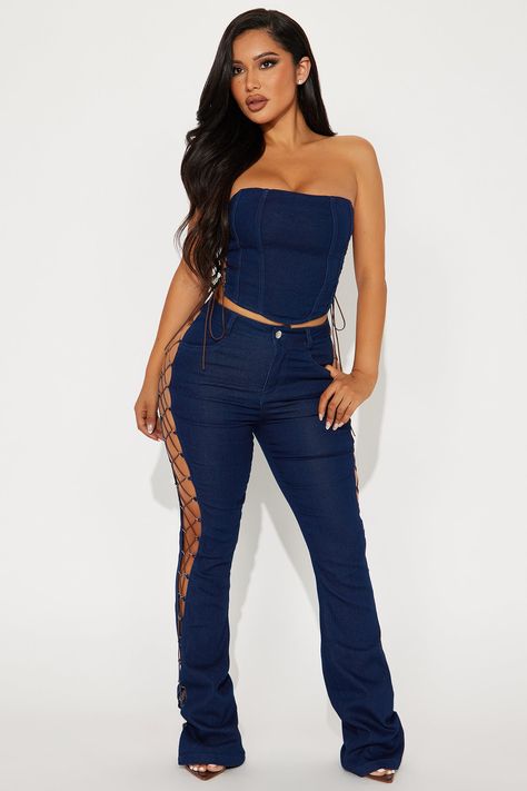 Available In Dark Wash. Pant Set Tube Top Lace Up Detail High Rise Flare Pant Stretch 33" Inseam Disclaimer: Due To The Specialized Wash, Each Garment Is Unique. Self: 56% Cotton 22% Polyester 20% Rayon 2% Spandex Imported | Dallas Lace Up Pant Set in Dark Wash size 1X by Fashion Nova Fashion Nova Finds, Fashion Nova Outfits Baddie, 19th Birthday Outfit, Glam Closet, Female References, Without Warning, Podcast Studio, Club Fits, Fashion Nova Outfits