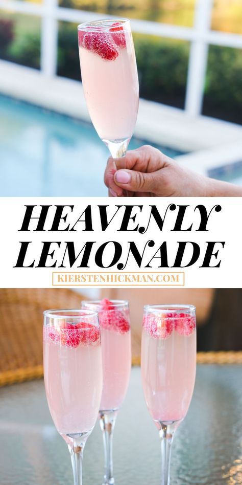 Heavenly lemonade cocktails are like mimosas, but better! Try this cocktail recipe for brunch. #cocktailrecipes #cocktails #brunchideas #brunch #brunchrecipe #drinks #drinksalcoholrecipes #drinkrecipeseasy Pink Brunch Drinks, Pink Bridal Shower Drinks, Vodka Brunch Cocktail, Bridal Brunch Drinks, Pretty In Pink Brunch Ideas, Brunch Drinks Alcoholic Easy, Tea Party Drinks Alcohol, Baby Shower Drinks Non Alcoholic, Non Alcoholic Brunch Drinks