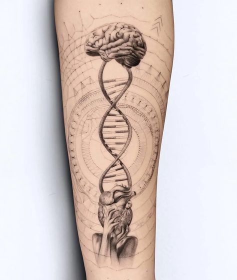 Fitness Tattoo Ideas Men, Humanity Tattoo, Brain Tattoo Design, Dna Tattoo Design, Acid Tattoo Ideas, Brain Tattoo Ideas, Meditation Tattoos, Medical Tattoo Ideas, Consciousness Tattoo