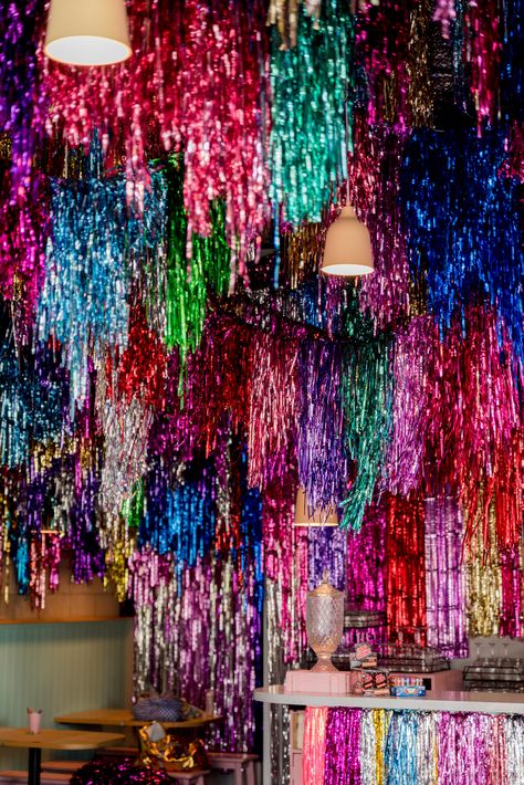 Immersive Tinsel Bar in Brisbane, Australia by @imakestagram Rachel Burke, Pop Up Bar, Tinsel Garland, Event Inspiration, Brisbane Australia, Night Art, Holiday Party Decorations, Disco Party, Unique Crafts