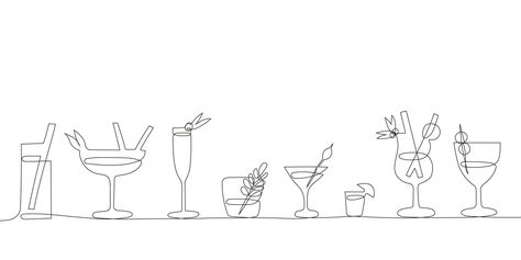 Cocktails set in trendy one continuous line art style. Party, pub, restoraunt, club element for prints, textile, posters,cards etc. fresh and cold alcohol coctail. Vector linear abstract illustration Bar Line Art, Prints Textile, Continuous Line Art, Line Art Style, Cocktail Set, Architecture Design Concept, Line Art Design, Abstract Illustration, Continuous Line