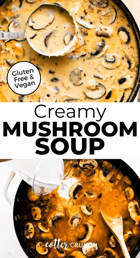 Enjoy this creamy and vegan soup recipe. Creamy Mushroom Soup is made gluten free for an easy cold weather soup. Homemade Cream Of Mushroom Soup, Homemade Cream Of Mushroom, Hungarian Mushroom, Vegan Mushroom Soup, Dairy Free Soup, Creamy Mushroom Soup, Mushroom Soup Recipes, Vegan Mushroom, Soup Vegan