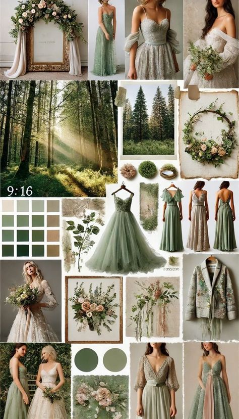 Forest Aesthetic Wedding Decor, Forest Theme Wedding Colors, Autumn Enchanted Forest Wedding, Wedding Enchanted Forest Theme, Green Asthetics Wedding, Fairytale Woods Wedding, Mood Board Nature Inspiration, Neutral Forest Green Wedding Theme, Fairy Tale Wedding Color Palette