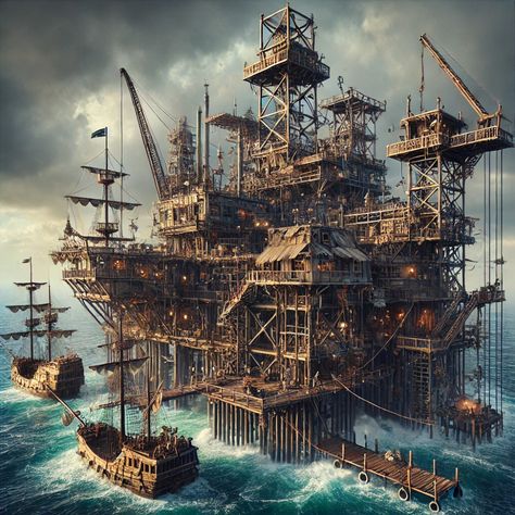 Venture into the heart of the ocean where fantasy meets reality—a massive rig converted into a bustling pirate town. This intricate structure, with its wooden planks and makeshift shacks, serves as a stronghold for seafaring rebels. It's a testament to human ingenuity and the spirit of adventure on the high seas. #worldbuilding #fantasyart #pirates #fictionalworld Fantasy Pirate City, Fantasy Pirate Ship, Shipwreck Cove, Pirate Town, The Heart Of The Ocean, Heart Of The Ocean, Pirate Ships, Ocean Heart, Fantasy Map