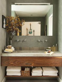 Rustic Small Bathroom Ideas, Concrete Bathroom Design, Wooden Bathroom Vanity, Bathroom Vanity Designs, Concrete Bathroom, Vanity Design, Bathroom Design Inspiration, Contemporary Bathroom Vanity, Wooden Bathroom