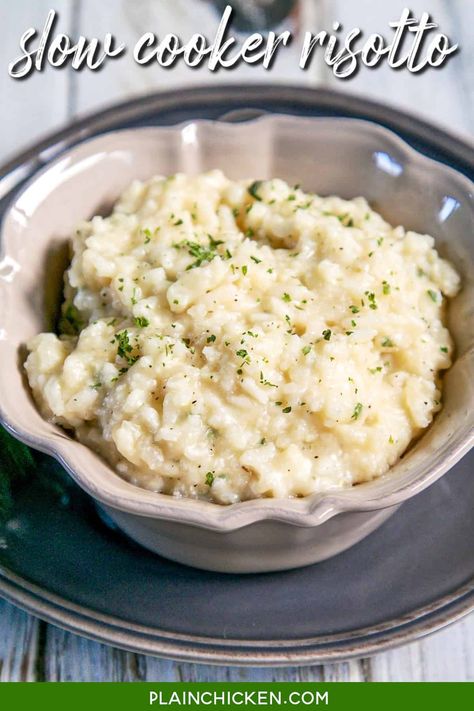 Slow Cooker Risotto Recipe - How to make risotto in the slow cooker. A hands-free method to make yummy risotto - chicken broth, Arborio rice, seasonings, and parmesan cheese! This is a great base recipe for risotto. Feel free to add in some green peas, cooked mushrooms, prosciutto, or cooked chopped chicken. The possibilities are endless! #slowcooker #crockpot #rice #risotto #sidedish Crockpot Risotto, Slow Cooker Risotto, Slow Cooker Chicken Rice, Risotto Recipes Chicken, Plain Chicken Recipe, Rice Risotto, How To Make Risotto, Parmesan Risotto, Chicken Risotto