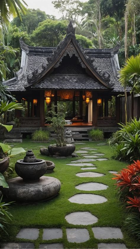 Exotic Escapes: 15 Balinese Garden Ideas to Transform Your Outdoor Space - Fads Balinese Front Garden, Balinese Roof Design, Bali Villa Design Tropical Homes Exterior, Asian Style House Exterior, Bali Style Home Exterior, Tropical House Design Exterior, Modern Balinese House, Bali Garden Design, Jungle Mansion