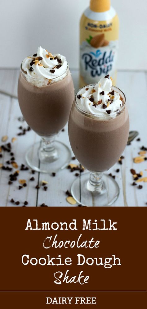 #Ad Almond Milk Chocolate Cookie Dough Shake has all the creamy, chocolaty goodness of a traditional milkshake, using all dairy-free ingredients. The crowning glory is Reddi-wip® Almond Non-dairy whipped topping #ReddiForNonDairy #CollectiveBias #dairyfree #reddiwip #whippedtopping #almondmilk #coconutmilkicecream #shake #dairyfreeshake #almonds #chocolate #karylskulinarykrusade Almond Milk Milkshake, Coconut Milk Chocolate, Chocolate Almond Milk, Milk Chocolate Chip Cookies, Coconut Milk Ice Cream, Cookie Dough Ice Cream, Chocolate Cookie Dough, Chocolate Milkshake, Delicious Drink Recipes