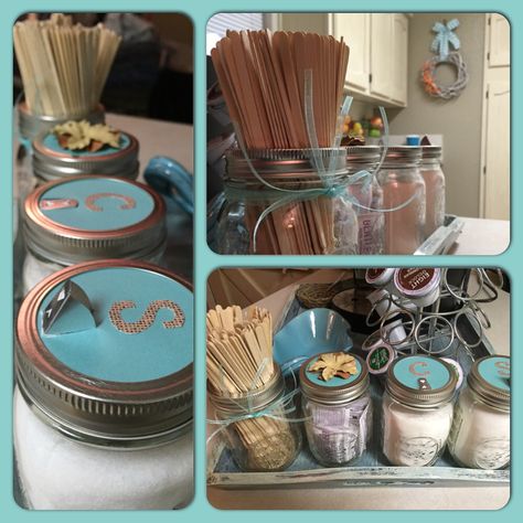 Mason jar coffee bar. Cream and sugar dispensers. Mason Jar Coffee Bar, Moccona Coffee Jar Ideas, Coffee Bar With Syrups, Mason Jar Coffee Station, Organizing Coffee Syrups, Sugar Dispensers, Mason Jar Coffee, Mason Jar Spice Shelf, Tea Station