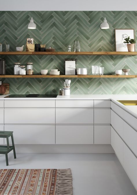 Minimalistic white kitchen with green herringbone tiles by @aubo_danmark. This fresh-looking kitchen of great quality is an amazing solution for every lover of clean, natural and Scandinavian design. Herringbone Tiles Kitchen, Green Kitchen Backsplash, Light Green Kitchen, Herringbone Tiles, Herringbone Kitchen, Green Kitchen Designs, Modern Kitchen Renovation, Kitchen Splashback Tiles, Green Backsplash