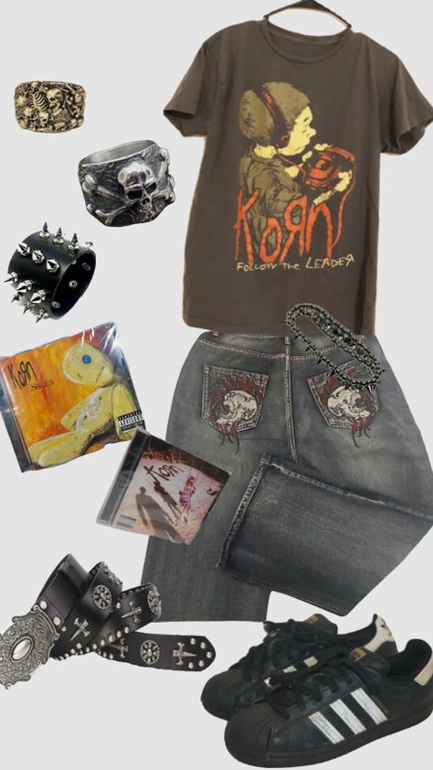 #korn#outfitinspo Grunge Fits, Baggy Clothes, Funky Outfits, Fire Fits, Swaggy Outfits, 2000s Fashion, Dream Clothes, Grunge Outfits