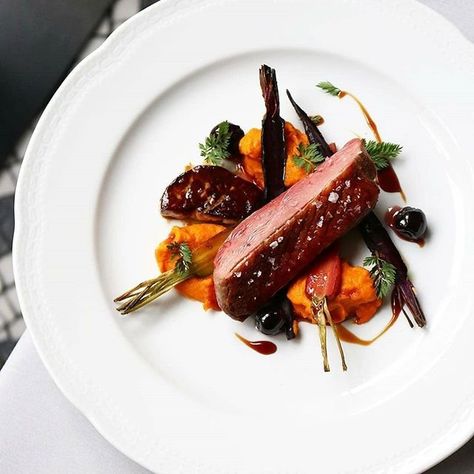 Seared duck breast, seared foie gras, carrots, amarena cherries, Negroni reduction. For when you’re — Steemit Amarena Cherries, Feeling Salty, Seared Duck, Food Presentation Plates, Gourmet Food Plating, Michelin Star Food, Lava Cake Recipes, Duck Breast, Food Tags