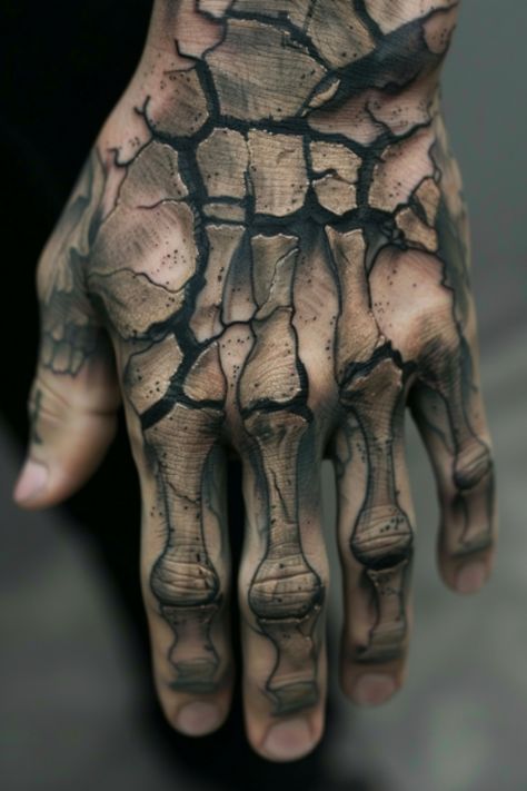 Hand with cracked earth tattoo design resembling skeletal structure. Hand Skeleton Tattoo, Skeleton Tattoo Ideas, Bone Hand Tattoo, Skeleton Hand Tattoos, Hand Tattoo Design, Hand Tattoo Ideas, Hand Tattoo Designs, Hand Skeleton, Full Hand Tattoo