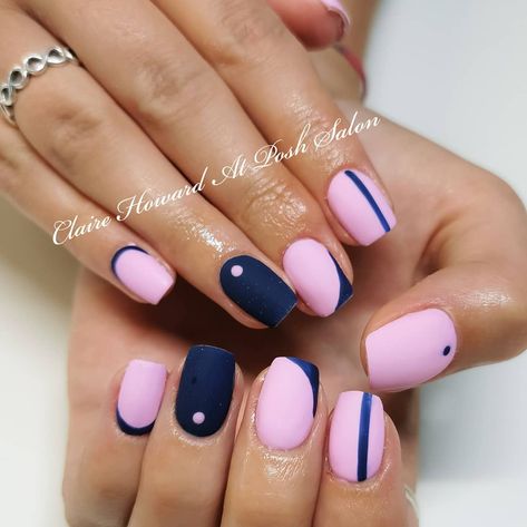 Navy Blush Nails, Pink And Navy Nails Ideas, Navy And Hot Pink Nails, Pink And Navy Nail Designs, Pink Navy Nails, Pink And Dark Blue Nails, Blue Pink Nails Design, Blue And Pink Nails Acrylic, Pink Blue Nails Designs