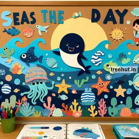 Ocean School Bulletin Board ideas and Ocean Door Décor. Ocean Theme Open House, Ocean Theme Preschool Classroom Bulletin Boards Under The Sea, Ocean Hallway Decor School, Ocean Door Decorations Classroom, Underwater Bulletin Board, Ocean Bulletin Board Ideas, Ocean Classroom Theme, Creative Classroom Decor, Sea Bulletin Board