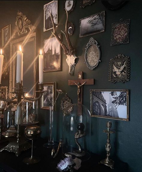 @deaderhomesandgardens on Instagram: “Credit: @emeliesorling • • • • • • • • #deaderhomesandgardens #gothicdecor #halloweendecor #spooky #spookydecor #halloweeneveryday #goth…” Retro Victorian Decor, Bedroom Gothic Victorian, Diy Gothic Victorian Decor, Dark Victorian Living Room Goth, Diy Victorian Gothic Decor Ideas, Gothic Room Colors, Victorian Goth House Decor, Emerald Gothic Bedroom, Vintage Victorian Home Decor