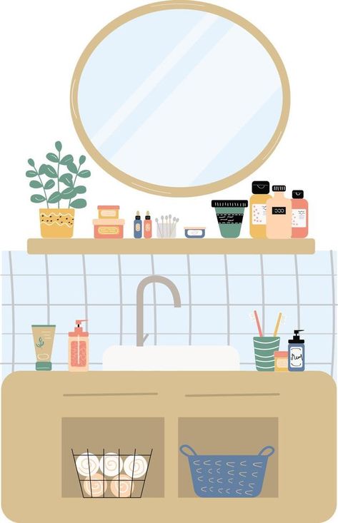 Modern bathroom interior with mirror, sink table, shelves. Vector illustration, flat style. Bathroom Sink Illustration, Sink Illustration, Sink Table, Bathroom Illustration, Vector Snowflake, Mirror Illustration, Modern Bathroom Interior, Illustration Flat, Bath Sinks