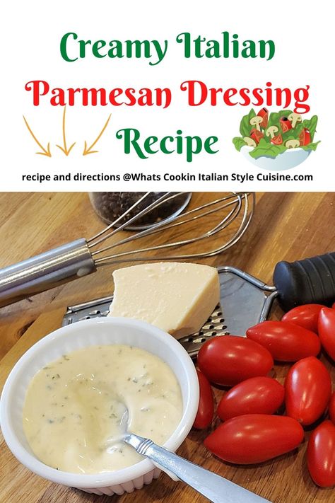 Creamy Italian Parmesan Dressing Recipe Authentic Italian Salad Dressing, Creamy Salad Dressing Recipes, Creamy Parmesan Dressing Recipe, Parmesan Dressing Recipe, Creamy Parmesan Dressing, Jarred Vegetables, Italian American Food, Creamy Salad Dressing, Salad Dressing Recipes Homemade