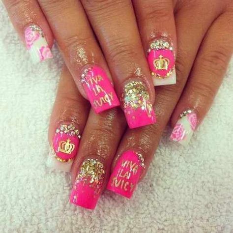 Juicy Nails :) Early 2000s Juicy Couture, Juicy Couture Nail Design, Juicy Nails, Juicy Couture Crown Logo, Mcbling Nails, Pink And Green Juicy Couture, Character Nails, Juicy Cotoure Charm Bracelet, Couture Nails