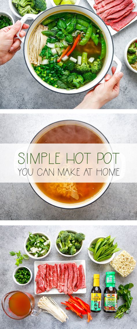 Hot Pot Vegetarian, Homemade Hot Pot Broth, Hot Pot For One, Easy Hot Pot Recipe, Hot Pot Ideas, Hot Pot Noodles, Hotpot Broth Recipes, Korean Hot Pot At Home, At Home Hot Pot