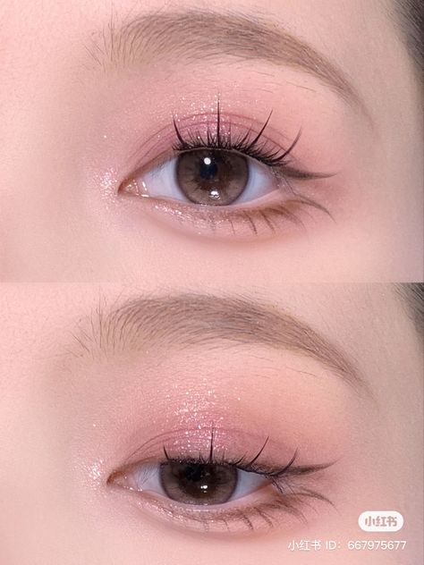 Pink Korean Makeup, Pink Korean Makeup Look, Asian Pink Eye Makeup, Pink Korean Eye Makeup, Simple Glitter Eye Makeup Korean, Natural Pink Makeup Look Korean, Doe Eye Makeup, Japan Makeup, Korean Natural Makeup