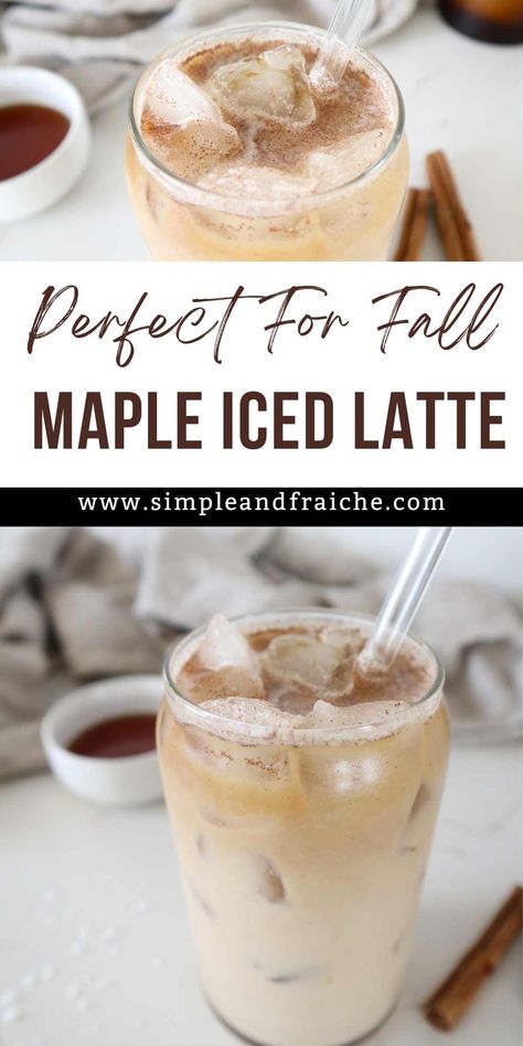 This Iced Maple Latte is a delicious beverage that combines the rich, bold flavors of coffee and creamy milk with naturally sweet maple syrup. It's slightly sweet and perfect for the fall season. This beverage comes together in only a couple of minutes, making it perfect for a busy morning or a mid-day pick-me-up. Maple Iced Coffee, Maple Syrup Drinks, Coffee Syrup Flavor Combinations, Maple Latte Recipe, Maple Latte, Pumpkin Treat, Busy Morning, Latte Recipe, Iced Latte