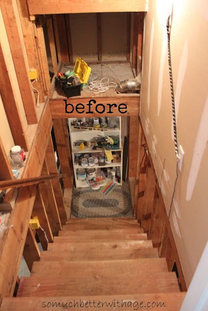 Space Above Basement Stairs, Understeps Storage Basement Stairs, Basement Door Under Stairs, Garage Basement Entrance, Back Door Entry With Basement Stairs, Cellar Stairs Ideas Basements, Finished Stairs To Basement, Space Under Basement Stairs Ideas, Above Stairs Space