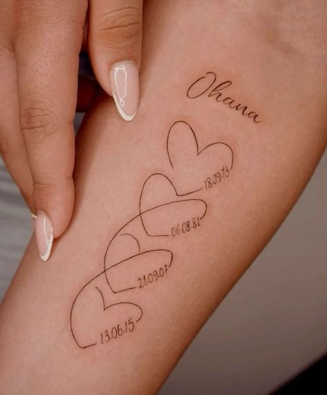 Tattoo Idea For Siblings, Tattoo For Siblings Names, Siblings Names Tattoo, Sibling Heart Tattoos, 4 Hearts Tattoo, Heart Tattoos With Names, Dolphin Tattoo, Tiny Heart Tattoos, Vacation 2023