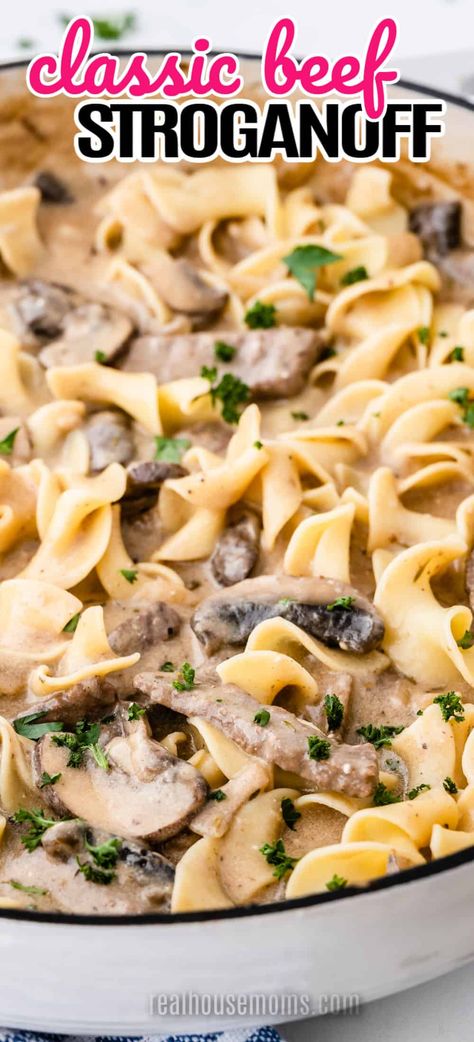 Creamy Beef Stroganoff with tender strips of beef and mushrooms with rich sour cream gravy will absolutely change your life for the better! #RealHousemoms #beef #beefstroganoff #mushrooms #onions #eggnoodles #easydinner #comfortfood Beef Stroganoff With Sour Cream Easy, Beef Stroganoff With Leftover Roast, Beef Stroganoff With Cream Of Mushroom, Beef Stroganoff With Sour Cream, Roast Beef Stroganoff, Sour Cream Gravy, Creamy Beef Stroganoff, Beef And Mushrooms, Homemade Beef Stroganoff