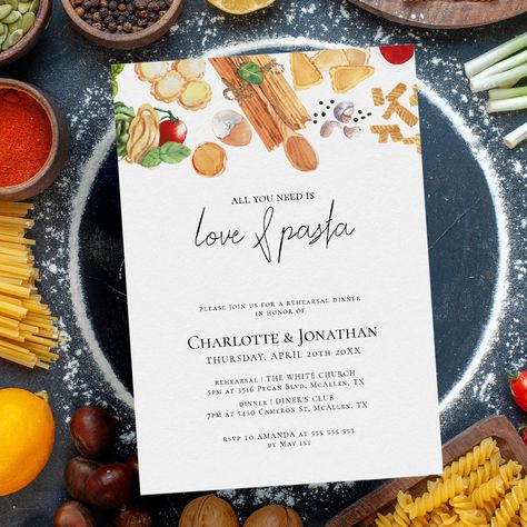 Love and Pasta Italian Modern Rehearsal Dinner Invitation Italian Rehearsal Dinner, Casual Rehearsal Dinner, Modern Rehearsal Dinner, Rehearsal Dinner Themes, Lunch Invitation, Dinner Italian, Wedding Rehearsal Dinner Invitations, Pasta Bar, Rehearsal Dinner Invitation