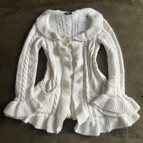 Coquette white ruffle cardigan. Mori kei fairy knit... - Depop Abbey Core, Thrift Outfits Ideas, Thrift Outfits, Fairy Vibe, Coquette White, Coquette Outfits, Digital Wardrobe, Y2k Cardigan, Ruffle Cardigan