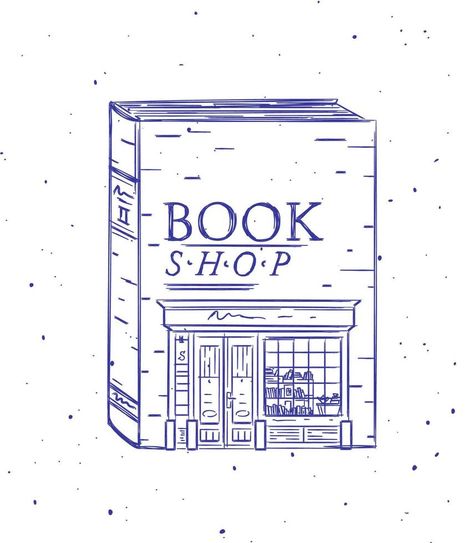 Book Shop Poster, Book House Drawing, Book Cafe Drawing, Bookstore Drawing Illustrations, Bookshop Logo Design Ideas, Book Store Sketch, Vintage Book Illustration Drawing, Vintage Bookshop, Book Store Logo Design