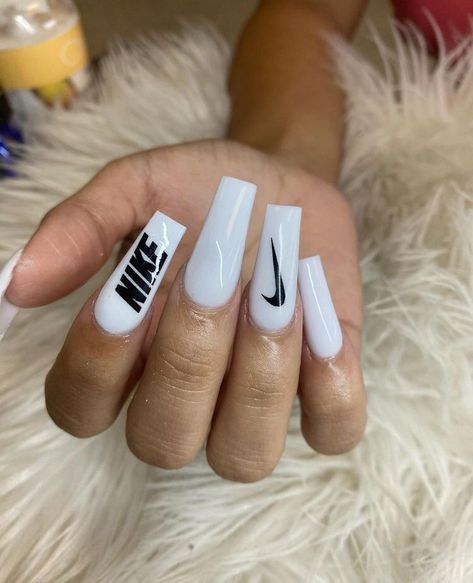 Image in Nails collection by shamiraa93 on We Heart It Nike Nails Acrylic, Nike Nails Designs, Square Acrylic Nails Winter, Nails Nike, Nike Nails, Nails Collection, Fake Nails Designs, Nagellack Trends, Glow Nails