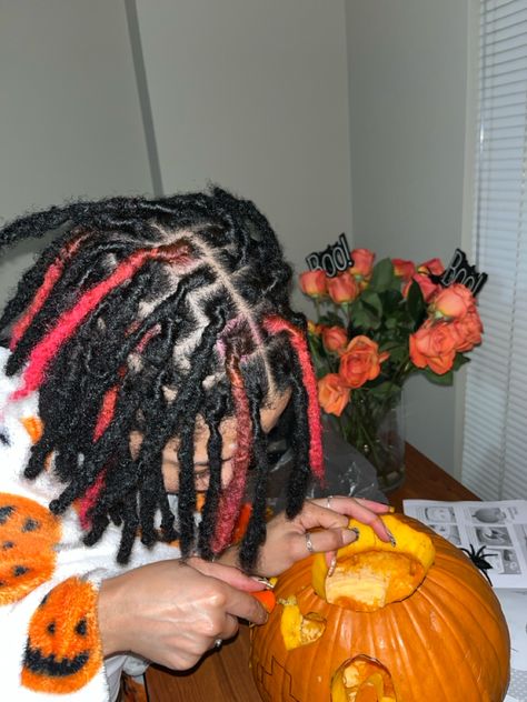 pink and black locs. pumpkin carving. Dyed Locks Men, Black Locs With Highlights, Dreadlock Color Ideas Men, Black And Purple Locs, Pink And Black Dreads, Red And Black Dreads, Red And Black Locs, Pink And Black Locs, Loc Versatility