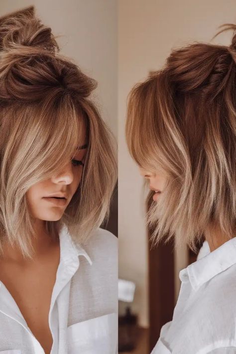 Woman with shoulder-length blonde hair styled in soft waves, wearing a white shirt. Textured Lob Curtain Bangs, Choppy Bob Haircuts Shoulder Length, Bangs Lob, Shaggy Mid Length Hair With Bangs, Shaggy Shoulder Length Hair Curtain Bangs, Layered Lob Thick Hair, Face Framing Lob, Round Face Lob, Lob Hairstyle With Bangs