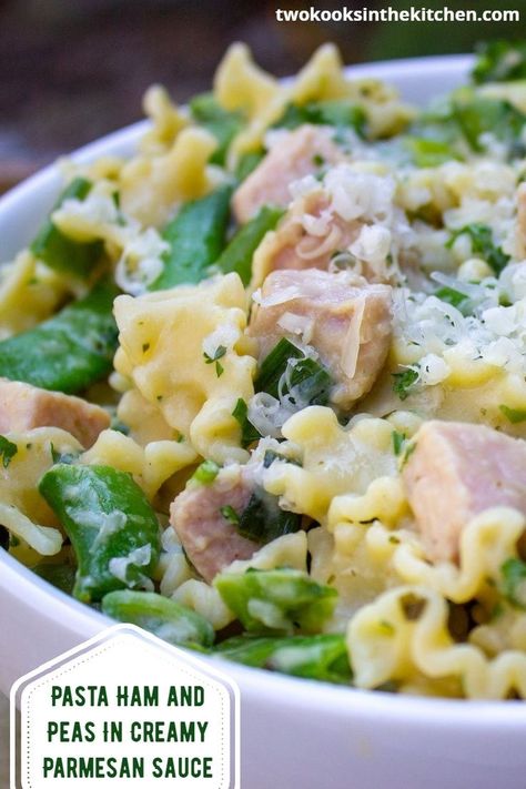 Use up your leftover ham or buy a ham steak to make this easy and quick dinner of pasta ham and peas in a creamy parmesan sauce. Dinner on the table in about 20 minutes. Pasta With Ham And Peas, Pasta Ham, Pasta With Ham, Ham And Peas, Ham Dishes, Ham Steak, Comfort Pasta, Pea Pesto, Creamy Parmesan Sauce