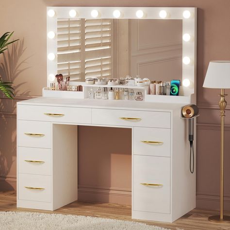 PRICES MAY VARY. Vanity Desk with Three Lighting Modes: Measuring 38.7''x18'', This vanity mirror with lights provides a broad viewing to reveal your beauty from every perspective. Makeup vanity desk with lights customize with 3 color modes of cool white, warm white and warm yellow, perfect for daily makeup routine, selfies and live streaming. 6 Drawers & 1 Cabinet Vanity Desk: This vanity with lights provides ample storage for your makeup and hair tools. The shelves on the desktop can hold your White Vanity With Lights, Desk With Lights, Vanity With Lights, Makeup Vanity Lighting, Makeup Vanity Desk, Makeup Vanity Set, Vanity Bedroom, Mirrored Vanity Desk, Vanity Benches