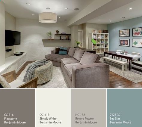 Benjamin Moore paint colors - living room color scheme ideas. Gray/blue/white with dark wood furniture Basement Colors, Basement Family Room, Bar Designs, Best Paint Colors, 아파트 인테리어, Basement Remodel, Basement Bar, Basement Renovations, Design Del Prodotto