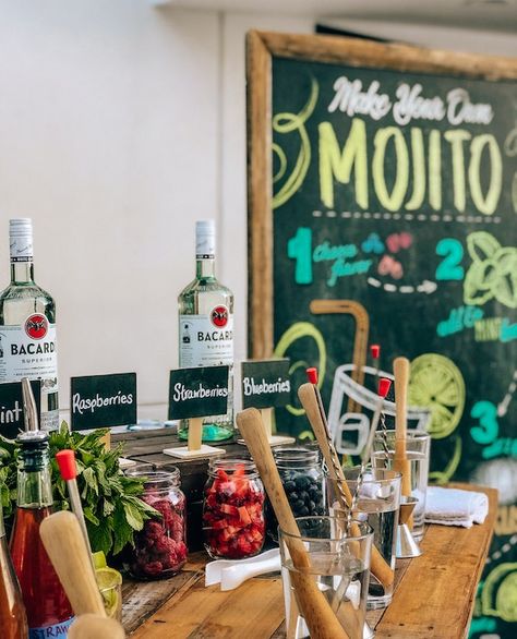 Looking for something tropical, refreshing and fun for your guests. Try out our Make Your Own Mojito bar. Think of a chipotle line except we ain't making burrito bowls, instead we are muddling up some tropical fresh fruit mojitos. Your guests will be welcomed at our large station by one of our top shelf bartenders, from there your guests will choose from a variety of fresh fruit/flavor options. Your guests will love the fresh quality of our cocktails and they get something unique and just for Mojito Station, Mojito Bar Drink Stations, Cocktail Station Bar, Mojito Bar, Cocktail Station, Strawberry Blueberry, Drink Station, Burrito Bowl, Luau Party