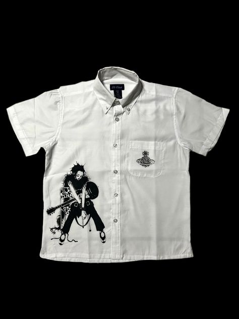 Y2k White Button Up, Cool Designs On Shirts, Button Up Design, Grunge Button Up, Button Up Shirt Design Ideas, Y2k Button Up Shirt Outfit, Graphic Button Up Shirt Outfit, Graphic Button Up, Button Up Shirt Drawing