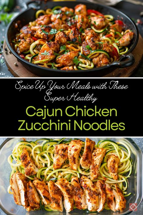 Revitalize your dinners with this tasty Cajun Chicken Zucchini Noodles recipe! 🌿 Bursting with bold Cajun spices and the healthy goodness of zucchini, these zoodles are an excellent low-carb, nutritious meal choice. Keto Chicken And Zucchini Recipes, Zoodles And Chicken, Chicken Broccoli Zucchini Recipes, Chicken And Zoodle Recipes, Chicken Zoodle Recipes, Chicken Recipes With Zucchini, Chicken Thighs And Zucchini Recipes, Zucchini Chicken Recipes, Chicken And Zucchini Recipes