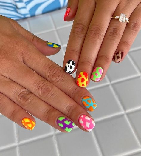 Colorful Cow Print, Cow Print Nails, Neon Nail Designs, Cute Summer Nail Designs, Cow Nails, Manicure Inspiration, Summer Manicure, Daisy Nails, Nail Pops