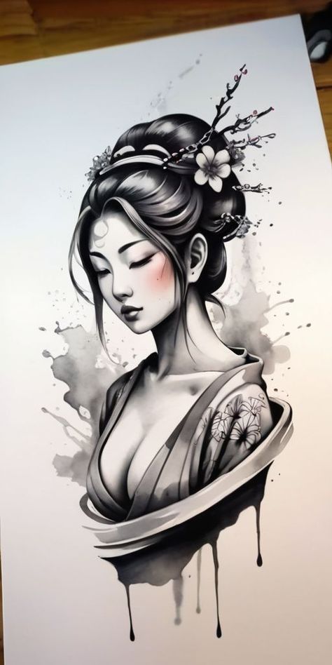 Female Samurai Tattoo, Japanese Girl Tattoo, Japanese Geisha Drawing, Tato Geisha, Tattoo Japonais, Japanese Geisha Tattoo, Geisha Drawing, Geisha Artwork, Japanese Hand Tattoos