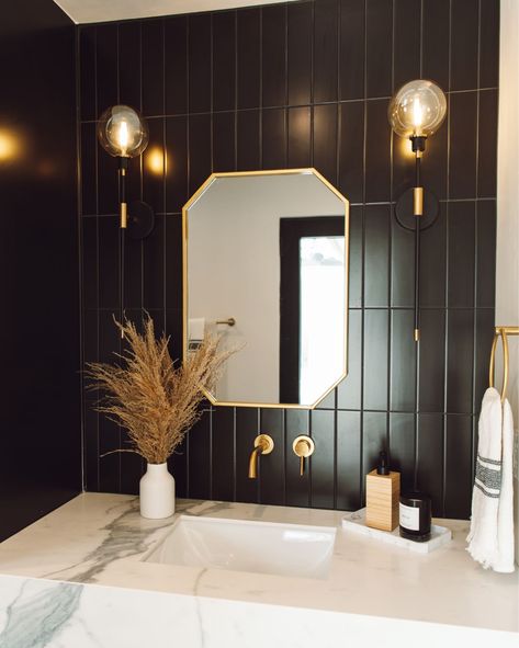 Black And Gold Washroom, Black And Gold Bathroom Wallpaper, Gold And Black Half Bath, Black And Gold Washroom Ideas, Black Gold Half Bathroom, Black White Gold Powder Room, Black Gold Powder Room, Black Vanity Half Bathroom, Black Tile Half Bath