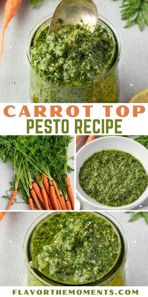 Carrot Top Pesto Carrot Top Pesto Recipe, Carrot Pesto Recipe, Carrot Greens Pesto, Carrot Leaf Pesto, Carrot Pesto, What To Do With Carrot Tops, Carrot Top Pesto, Carrot Sauce, Carrot Tops Recipes