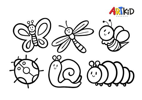 This picture belongs to one of our easy drawing and coloring videos on our YouTube channel. You will find the link to download the high quality outline picture in the description of the video. Easy Spring Drawings For Kids, Easy Insect Drawings, Spring Drawing Ideas Easy, Easy Bug Drawing, Spring Drawings Easy, Spring Drawing Easy, How To Draw Bugs, Bug Doodles, Bugs Coloring Pages