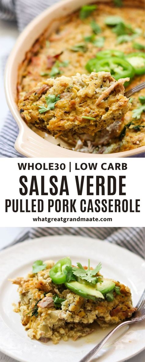 Use up leftover pulled pork to make this Salsa Verde Paleo Pulled Pork Casserole! You’ll love how flavorful and delicious it is, and it's kid-friendly as well. Pork Paleo Dinner Recipes, Paleo Pulled Pork Crock Pot Recipes, Pork Paleo Recipes, Leftover Pulled Pork Recipes Healthy, Whole 30 Pulled Pork, Healthy Pulled Pork Recipes, Paleo Casseroles, Paleo Pulled Pork, Pulled Pork Casserole