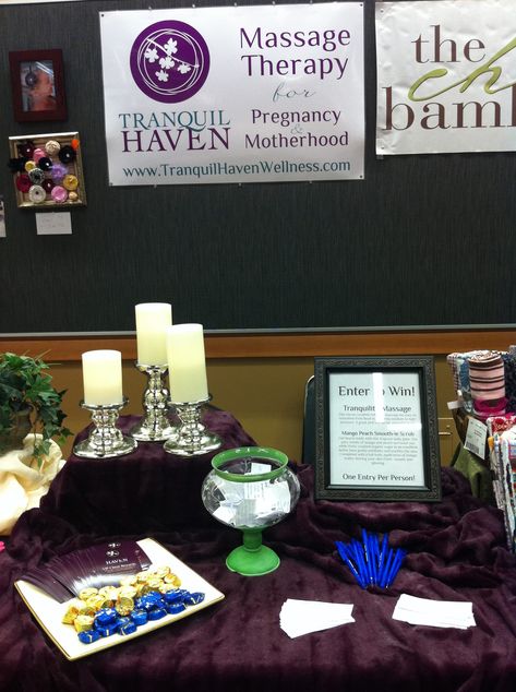 Here is a half table (3 feet) setup for a prenatal massage business. #doula #midwife #business http://bloomsolutions.biz http://growyourbirthbusiness.com Massage Therapy Vendor Booth Ideas, Massage Booth Ideas, Massage Vendor Booth Ideas, Chair Massage Booth Set Up, Massage Branding, Vendor Events Displays, Cortisol Hormone, Esthetician Life, Ayurveda Tips