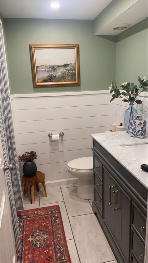 Shiplap Over Bathroom Wall Tile, Green Shiplap Bathroom Wall, Green Shiplap Bathroom, Half Shiplap Wall Bathroom, Half Shiplap Wall, White Beadboard Bathroom, Green Blue Bathroom, Lake House Bathrooms, Shiplap Bathroom Wall