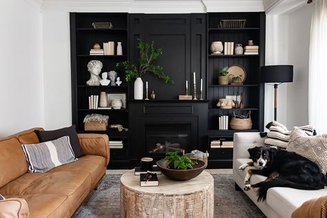 Built In Black Shelves, Black Accent Wall With Floating Shelves, Built In Black Bookshelves, Black Built Ins Fireplace, Black Bookcase Living Room, Black Bookcase Styling, Black Built In Bookcase, Black Built Ins Living Room, Black Book Shelves